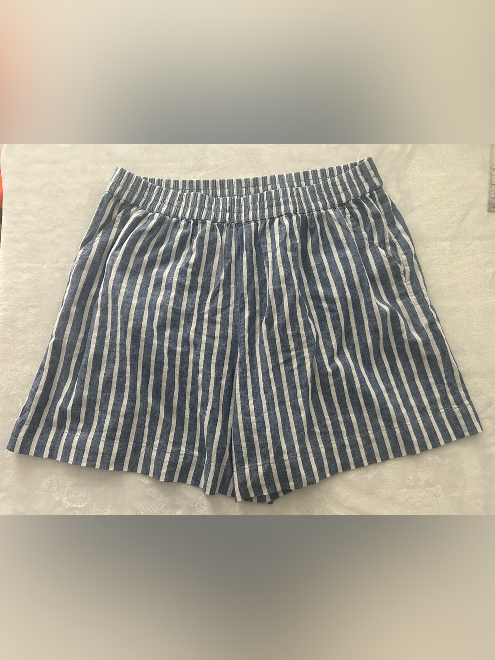 NWT Beachlunchlounge Linen Blue White Striped Elastic-Waist Women’s Shorts XL